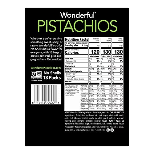 Gourmet Kitchn Wonderful Honey, Chili and Salt Roasted Pistachios | No Shells, Variety Pack (0.75 oz., 18 pk.) (2 Pack)
