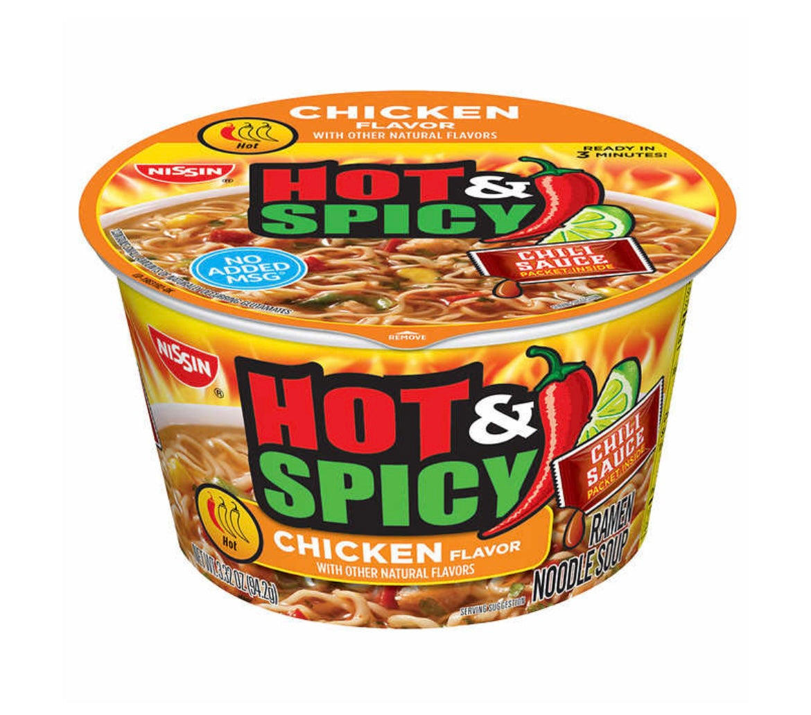 Nissin Hot & Spicy Noodle Bowl, Chicken, (3.32oz, 18 count)