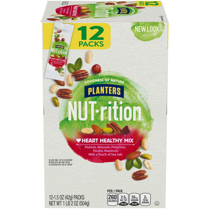 PLANTERS NUT-rition Heart Healthy Mix, 1.5 oz Bags (Pack of 12) - On-the-Go Snack, Work Snack, School Snack and Active Lifestyle Snack - Great Camping Snacks - Satisfying Nut Mix - Kosher