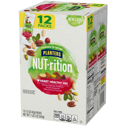 PLANTERS NUT-rition Heart Healthy Mix, 1.5 oz Bags (Pack of 12) - On-the-Go Snack, Work Snack, School Snack and Active Lifestyle Snack - Great Camping Snacks - Satisfying Nut Mix - Kosher