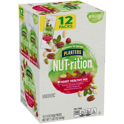 PLANTERS NUT-rition Heart Healthy Mix, 1.5 oz Bags (Pack of 12) - On-the-Go Snack, Work Snack, School Snack and Active Lifestyle Snack - Great Camping Snacks - Satisfying Nut Mix - Kosher